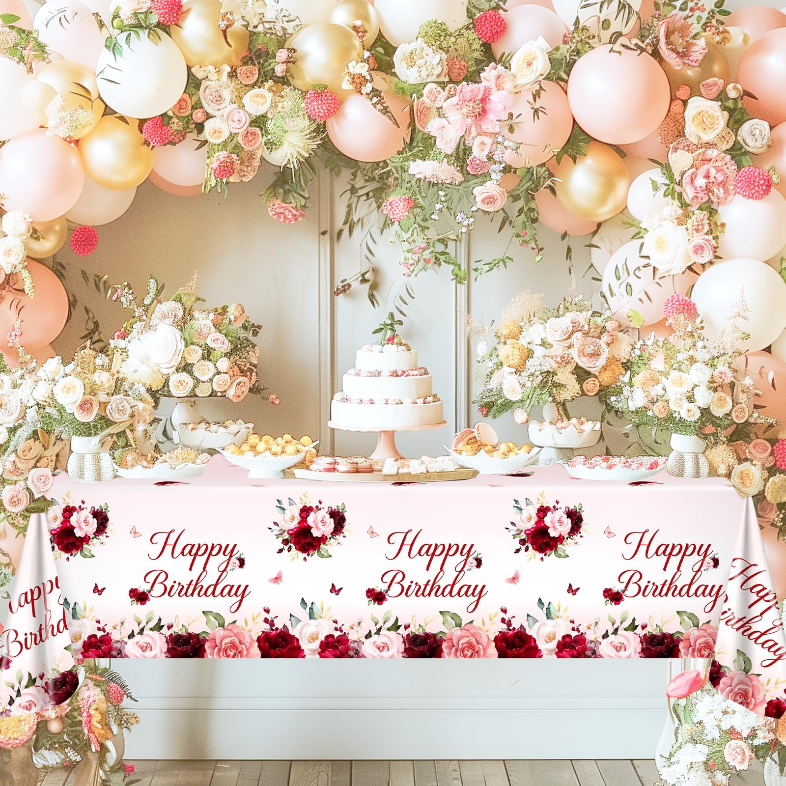 Avezano 3-Pcs Burgundy Floral Birthday Tablecloths 108x54 – Disposable Party Table Covers