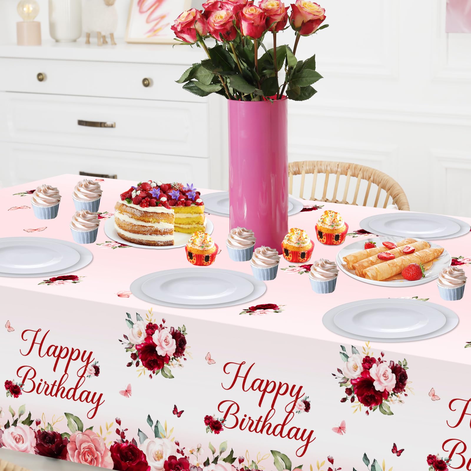 Avezano 3-Pcs Burgundy Floral Birthday Tablecloths 108x54 – Disposable Party Table Covers
