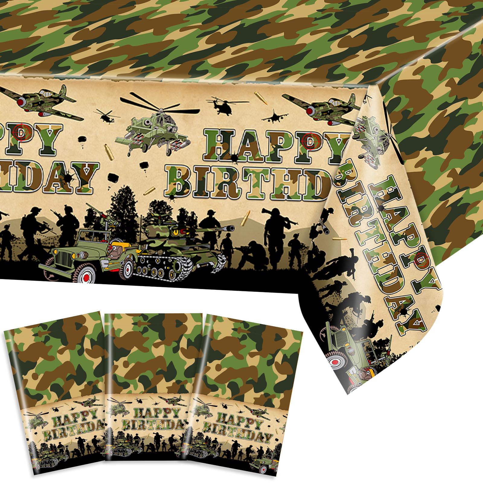 Avezano 3-Pack Camo Birthday Tablecloths | 108x54 in Military Theme Party Decor
