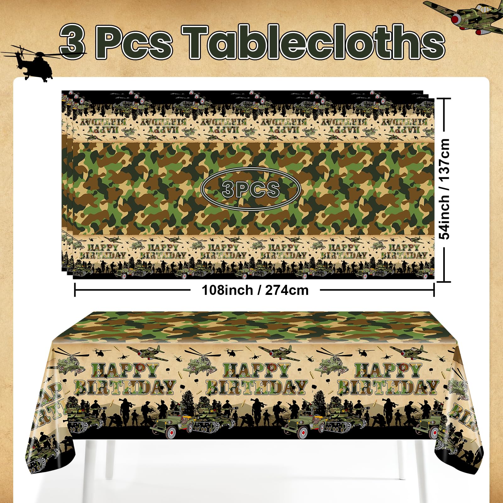Avezano 3-Pack Camo Birthday Tablecloths | 108x54 in Military Theme Party Decor