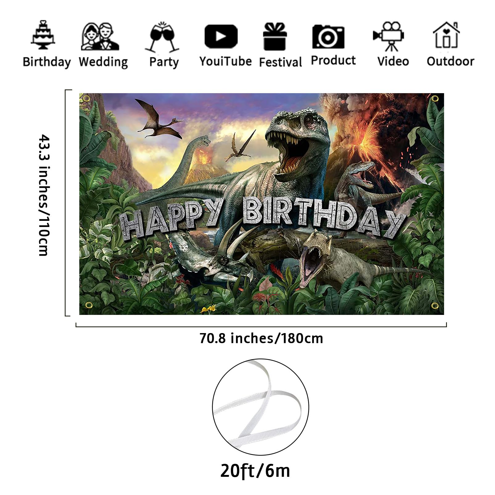 Avezano Dinosaur Birthday Backdrop – Jurassic Jungle Photo Banner 70.8 x 43.3 in | Kids Party Decor