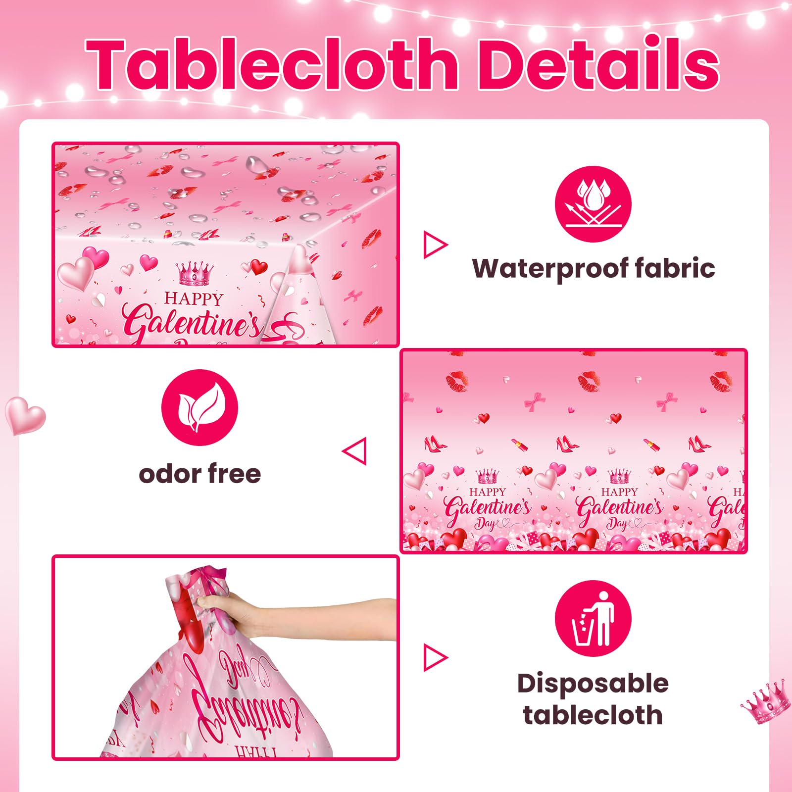 Avezano 3-Piece Galentines Day Tablecloth Set | 108 x 54 in Disposable Plastic Table Cover with Heart Print