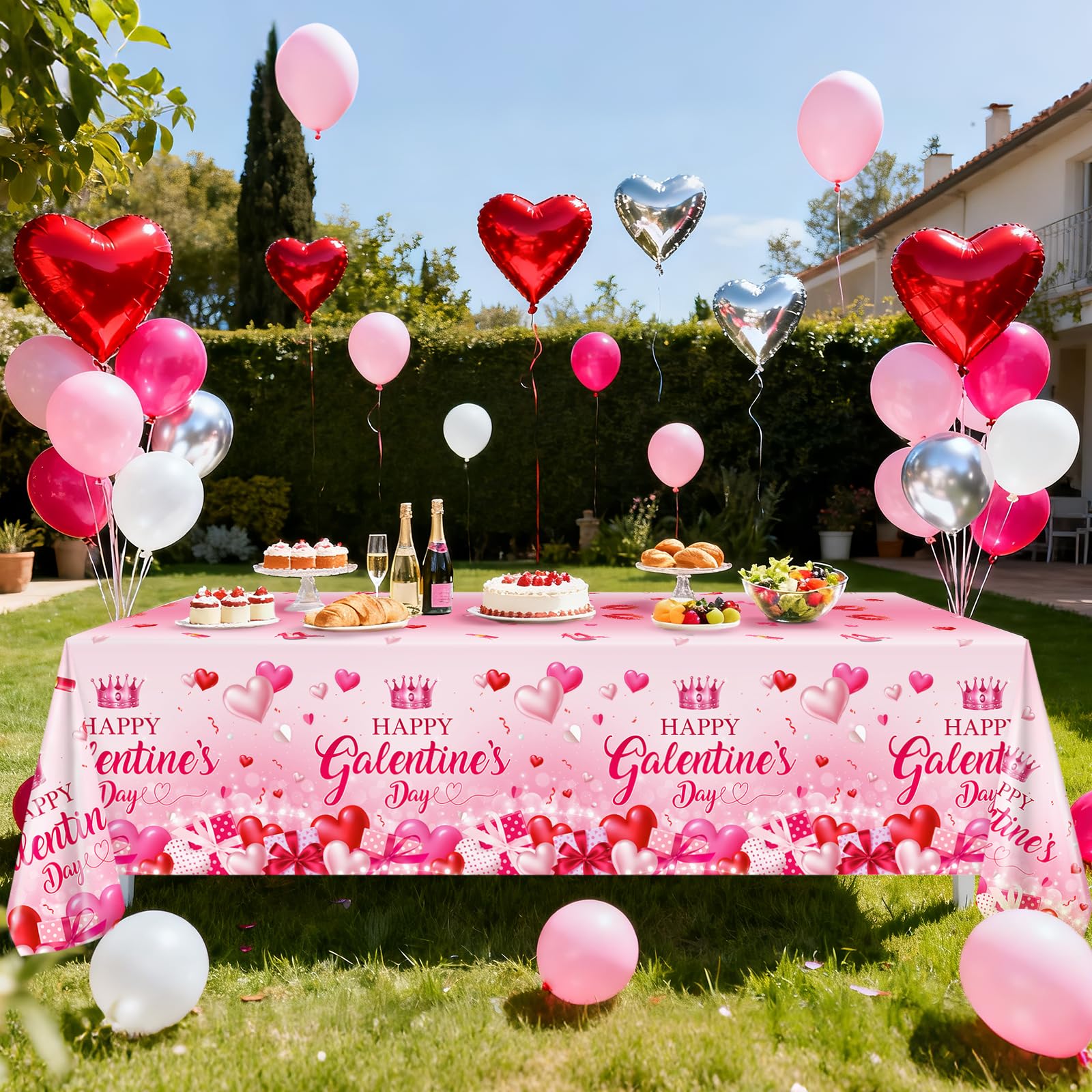 Avezano 3-Piece Galentines Day Tablecloth Set | 108 x 54 in Disposable Plastic Table Cover with Heart Print