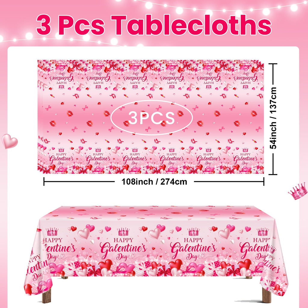 Avezano 3-Piece Galentines Day Tablecloth Set | 108 x 54 in Disposable Plastic Table Cover with Heart Print