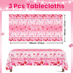 Avezano 3-Piece Galentines Day Tablecloth Set | 108 x 54 in Disposable Plastic Table Cover with Heart Print