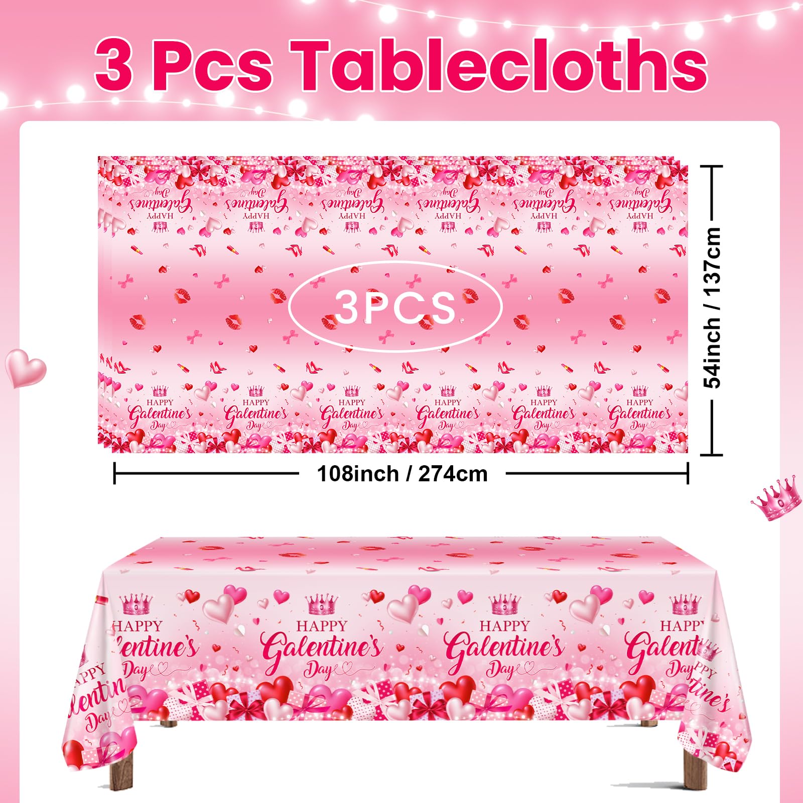 Avezano 3-Piece Galentines Day Tablecloth Set | 108 x 54 in Disposable Plastic Table Cover with Heart Print