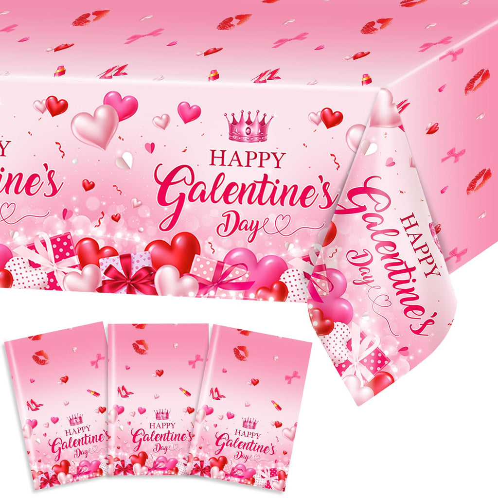 Avezano 3-Piece Galentines Day Tablecloth Set | 108 x 54 in Disposable Plastic Table Cover with Heart Print