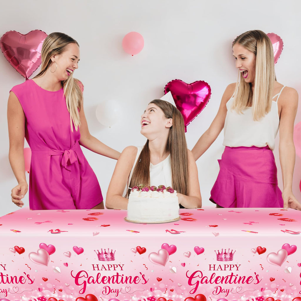 Avezano 3-Piece Galentines Day Tablecloth Set | 108 x 54 in Disposable Plastic Table Cover with Heart Print