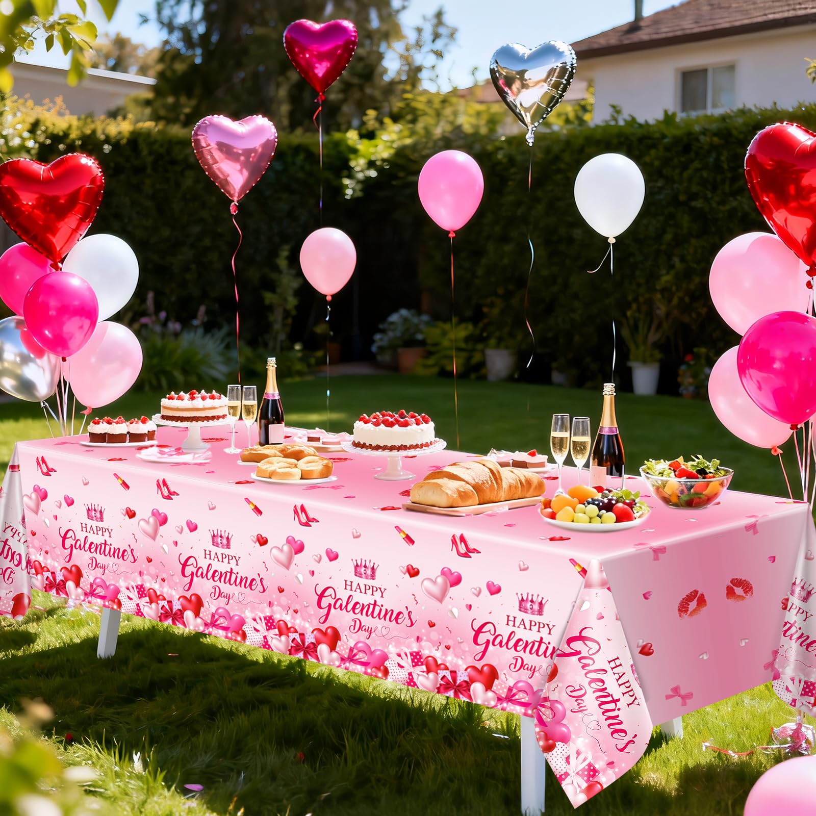 Avezano 3-Piece Galentines Day Tablecloth Set | 108 x 54 in Disposable Plastic Table Cover with Heart Print