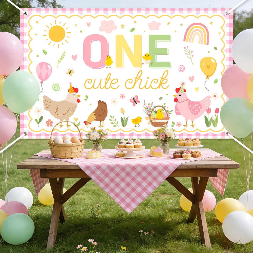 Avezano One Cute Chick Banner – 6x3.6ft Farm Birthday Backdrop