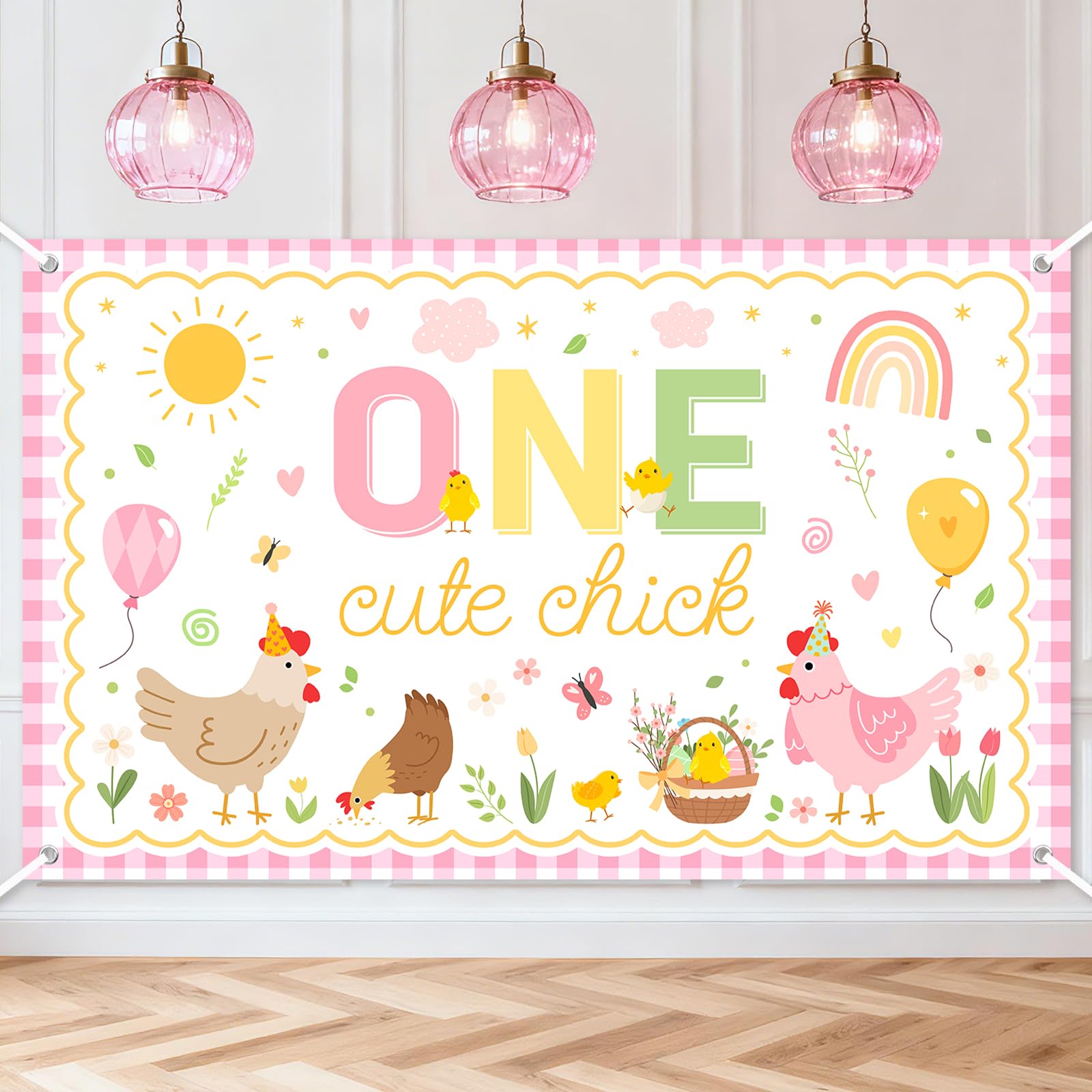 Avezano One Cute Chick Banner – 6x3.6ft Farm Birthday Backdrop