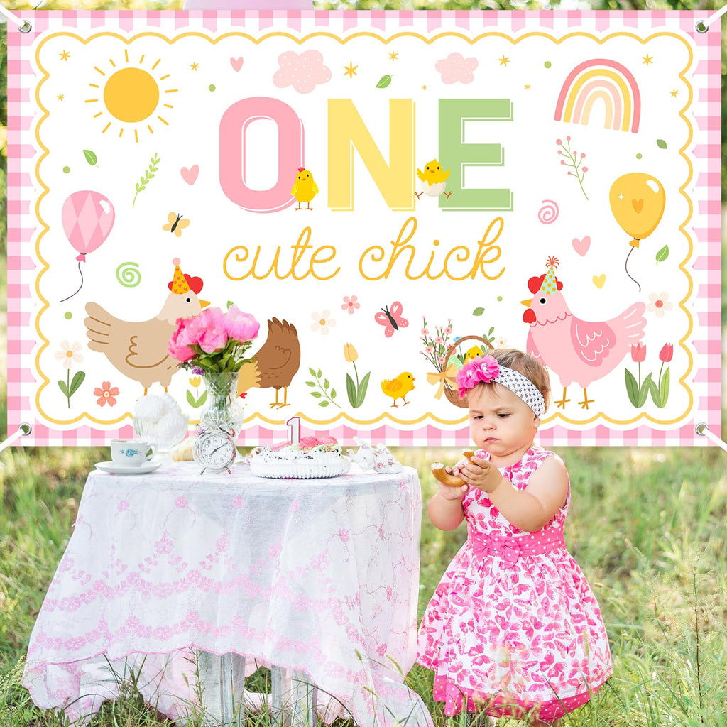 Avezano One Cute Chick Banner – 6x3.6ft Farm Birthday Backdrop