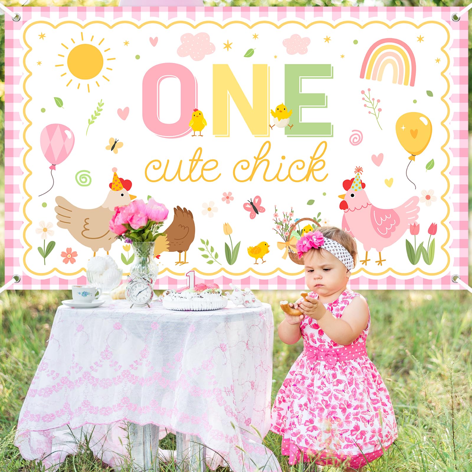 Avezano One Cute Chick Banner – 6x3.6ft Farm Birthday Backdrop