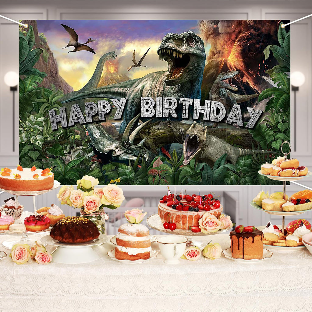 Avezano Dinosaur Birthday Backdrop – Jurassic Jungle Photo Banner 70.8 x 43.3 in | Kids Party Decor