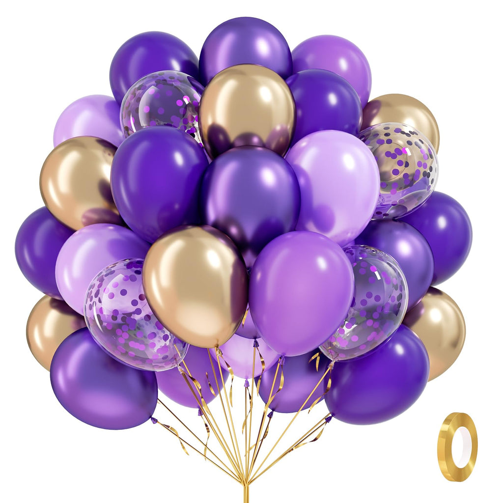 awenztech 60pcs Purple & Gold Balloons – 12in Latex Confetti & Metallic Decor Set