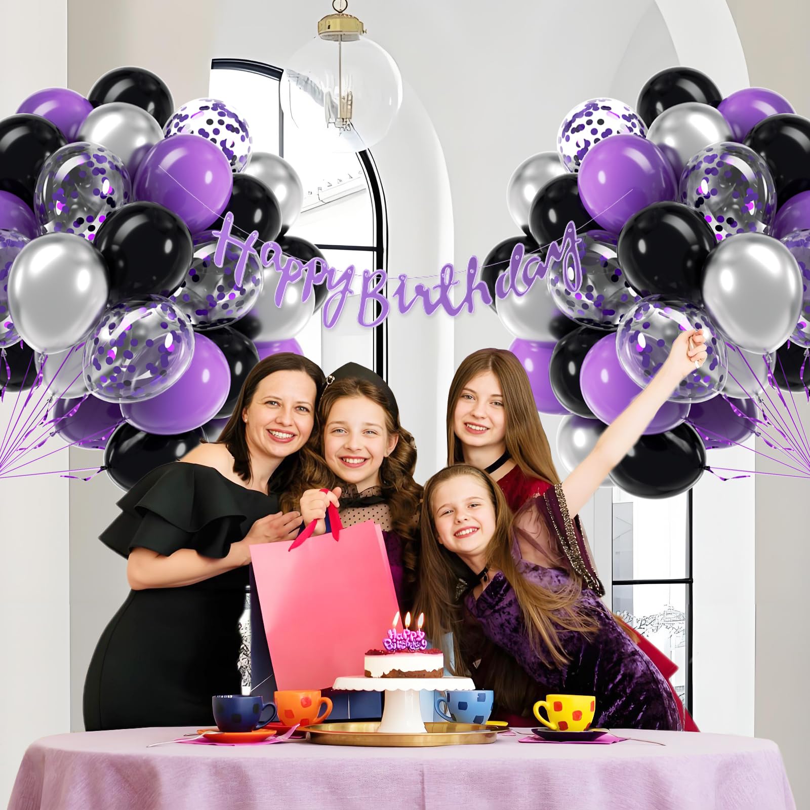 awenztech 60pcs Purple & Black Balloons Set | 12in Confetti & Metallic Silver for Bridal Showers, Graduation, Birthday Parties