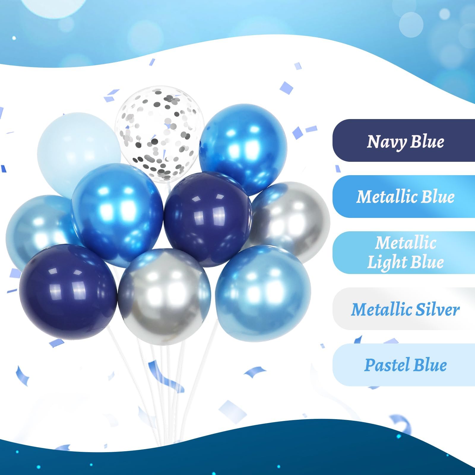 Awenztech 60pcs Blue and Silver Balloons 12in – Navy, Pastel Blue, Confetti for Graduation, Baby Shower, Wedding