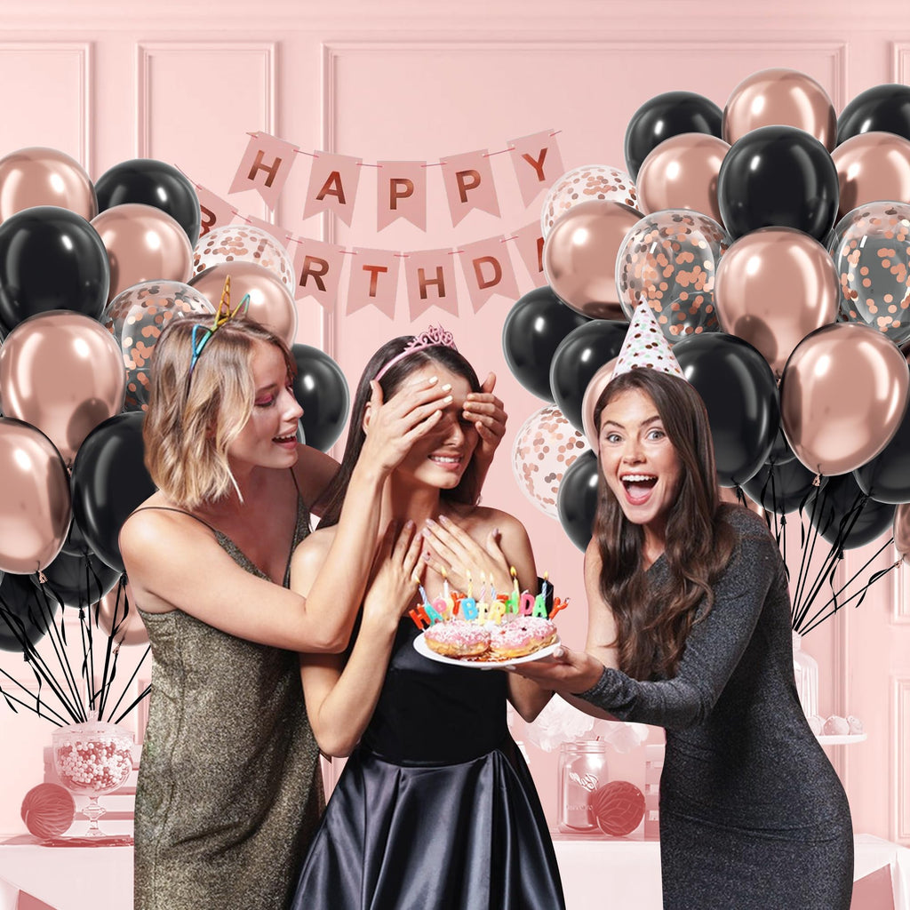 Awenztech 60pcs Rose Gold & Black Balloons Set with Confetti – 12in Party Decor for Weddings, Graduations & More