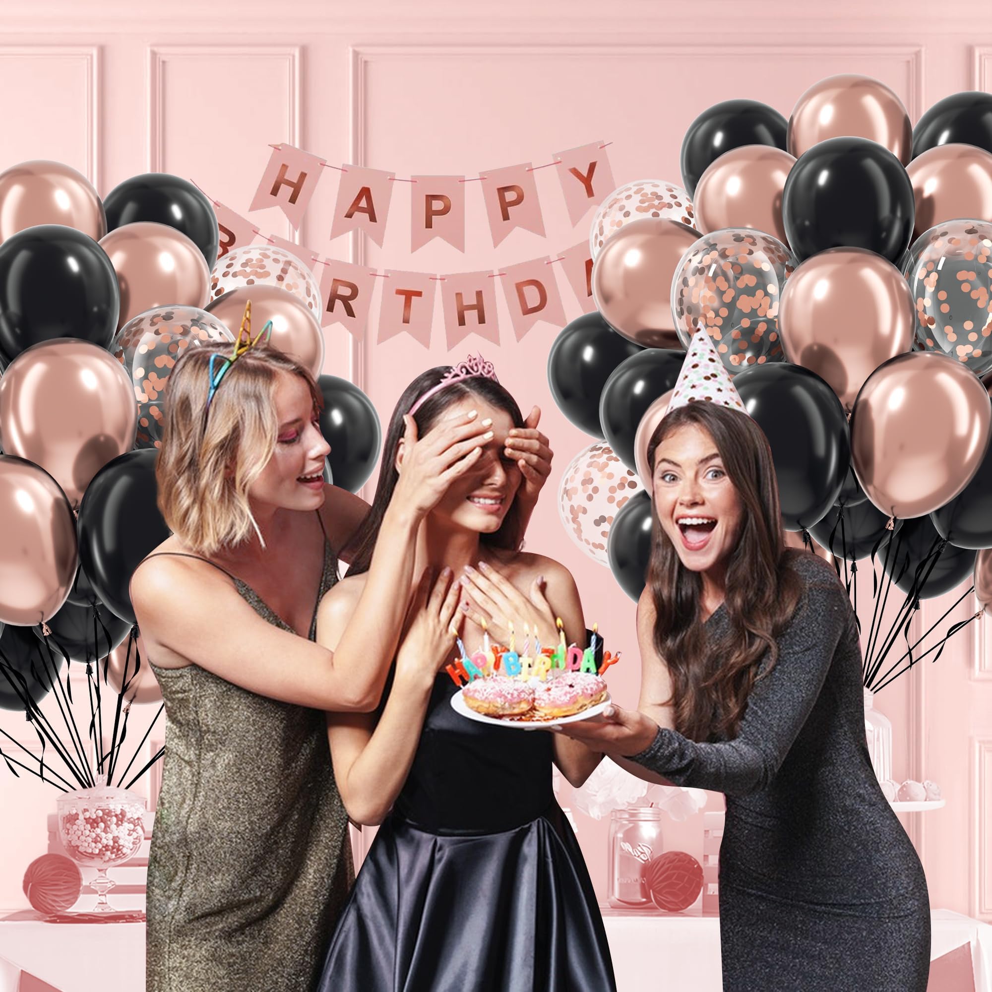 Awenztech 60pcs Rose Gold & Black Balloons Set with Confetti – 12in Party Decor for Weddings, Graduations & More