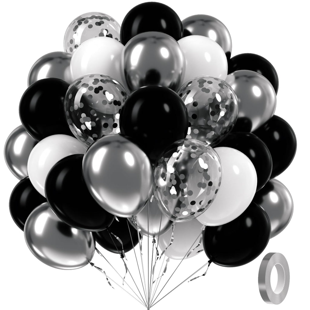 Awenztech 60pcs Black & Silver Balloons 12in — White, Black & Metallic Confetti for Baby Shower & Party Decor
