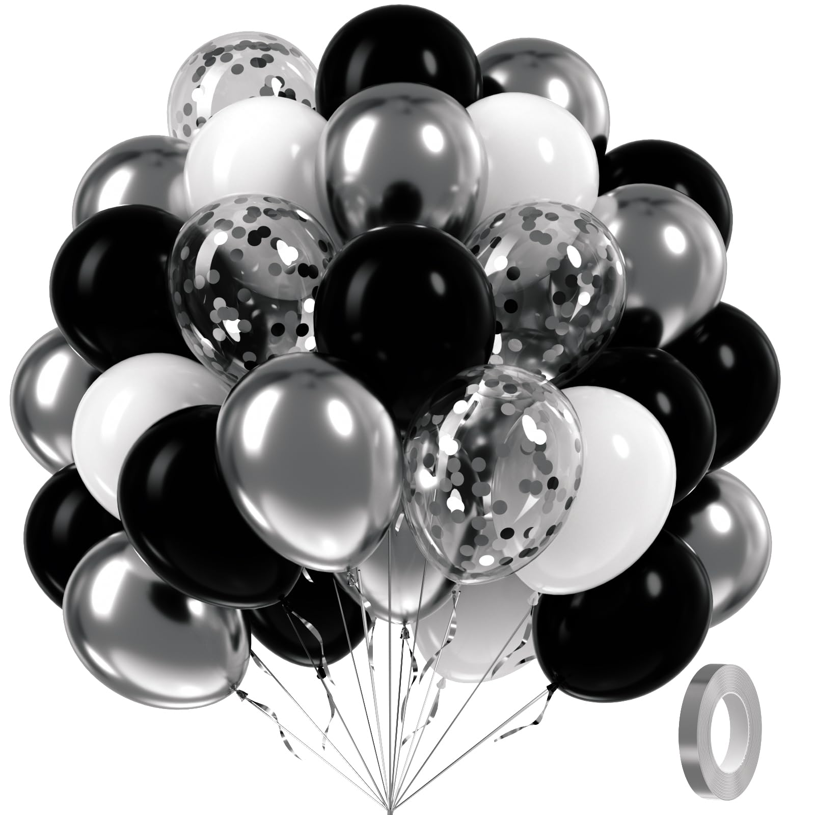 Awenztech 60pcs Black & Silver Balloons 12in — White, Black & Metallic Confetti for Baby Shower & Party Decor