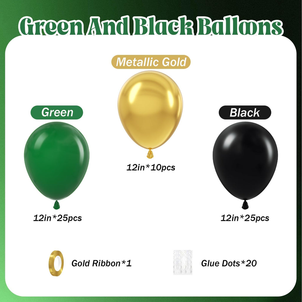 Awenztech 60pcs Green and Black 12inch Balloons with Dark Green Metallic Gold – Jungle Safari Party Decor