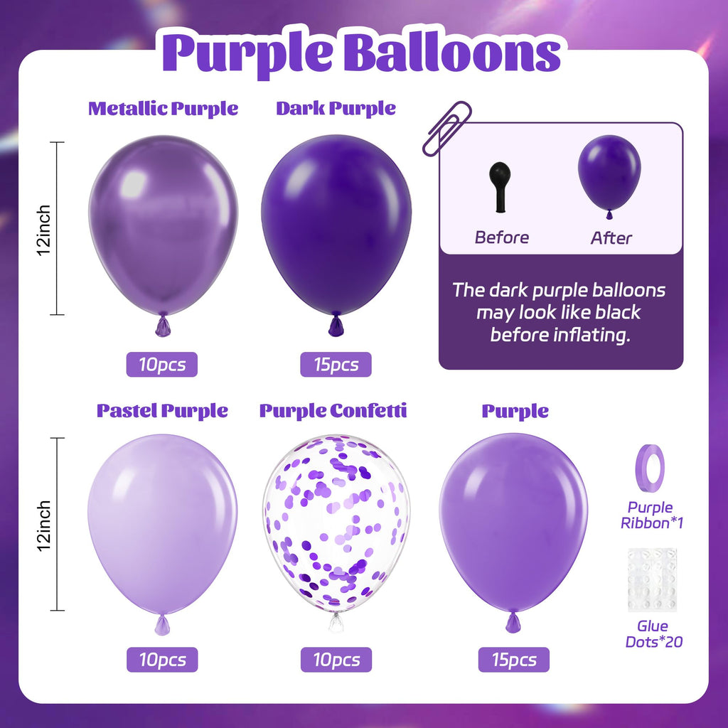 awenztech 60pcs Purple Balloons Kit – 12in Confetti, Metallic Purple, Lavender & Dark Purple for Parties