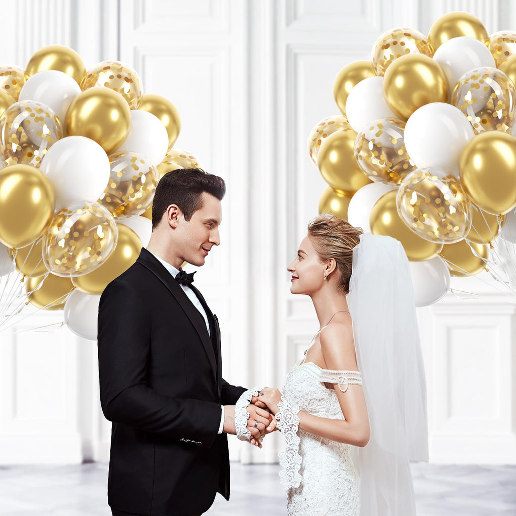awenztech 60pcs Gold & White Balloons Set – 12in Confetti & Metallic Balloons for Weddings, Graduation, Birthdays