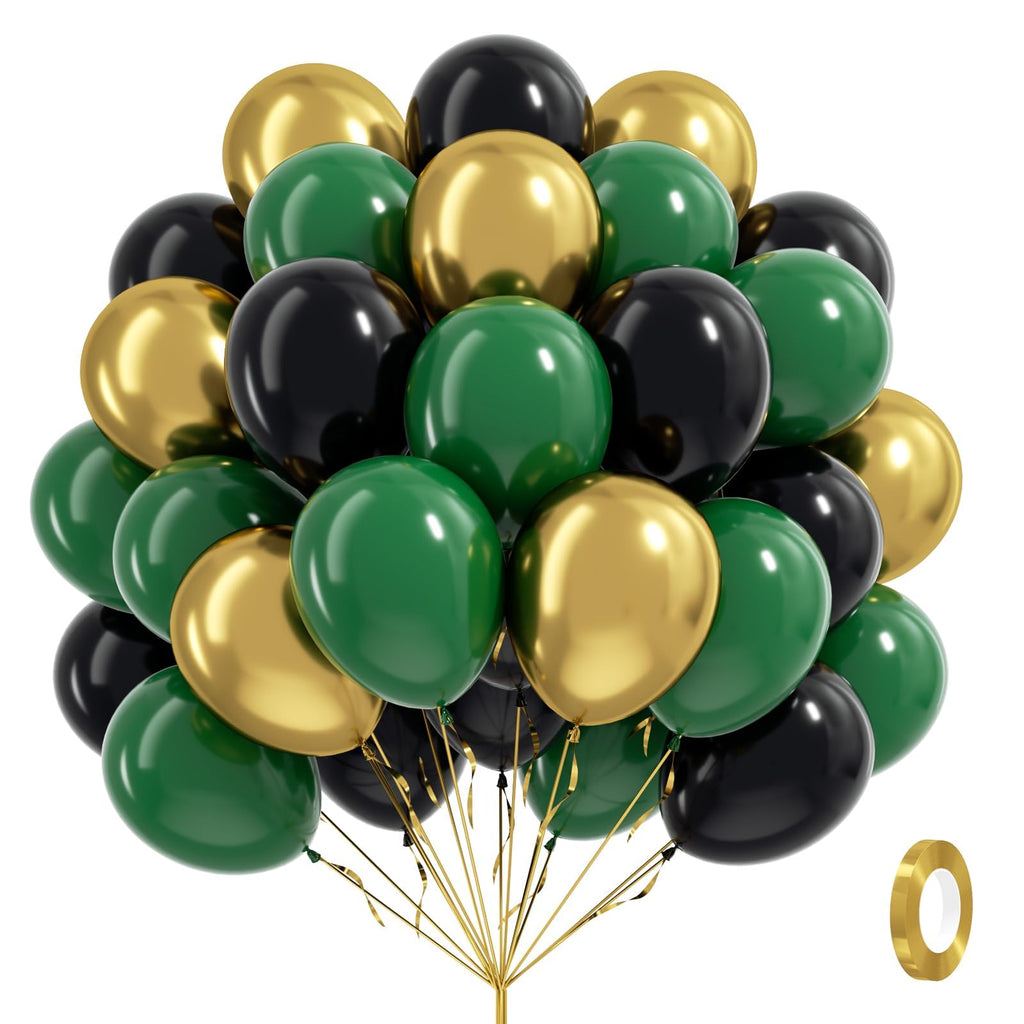 Awenztech 60pcs Green and Black 12inch Balloons with Dark Green Metallic Gold – Jungle Safari Party Decor