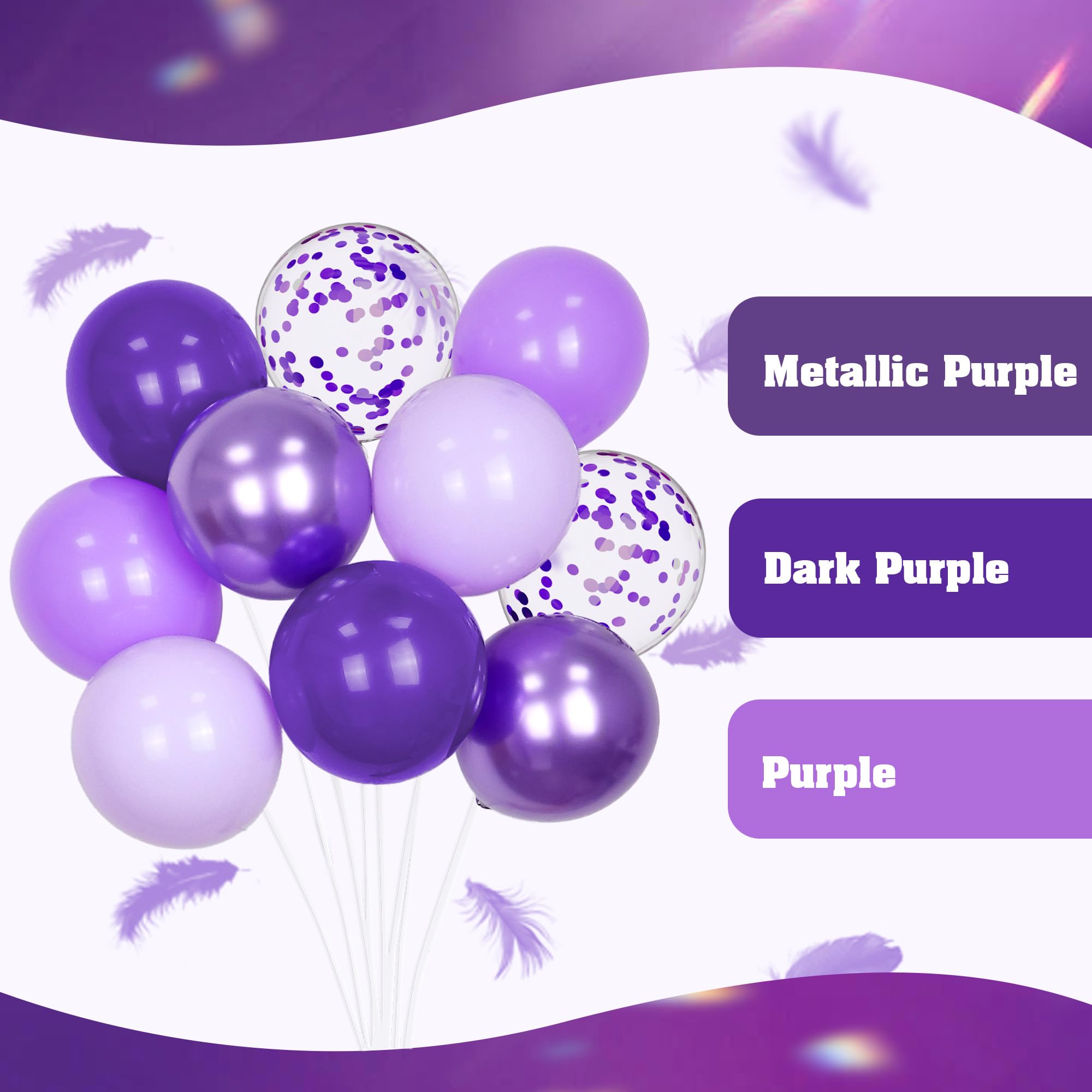 awenztech 60pcs Purple Balloons Kit – 12in Confetti, Metallic Purple, Lavender & Dark Purple for Parties