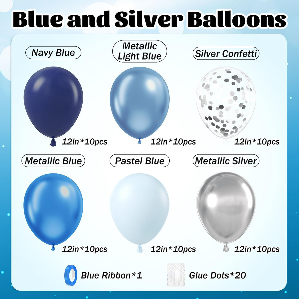 Awenztech 60pcs Blue and Silver Balloons 12in – Navy, Pastel Blue, Confetti for Graduation, Baby Shower, Wedding