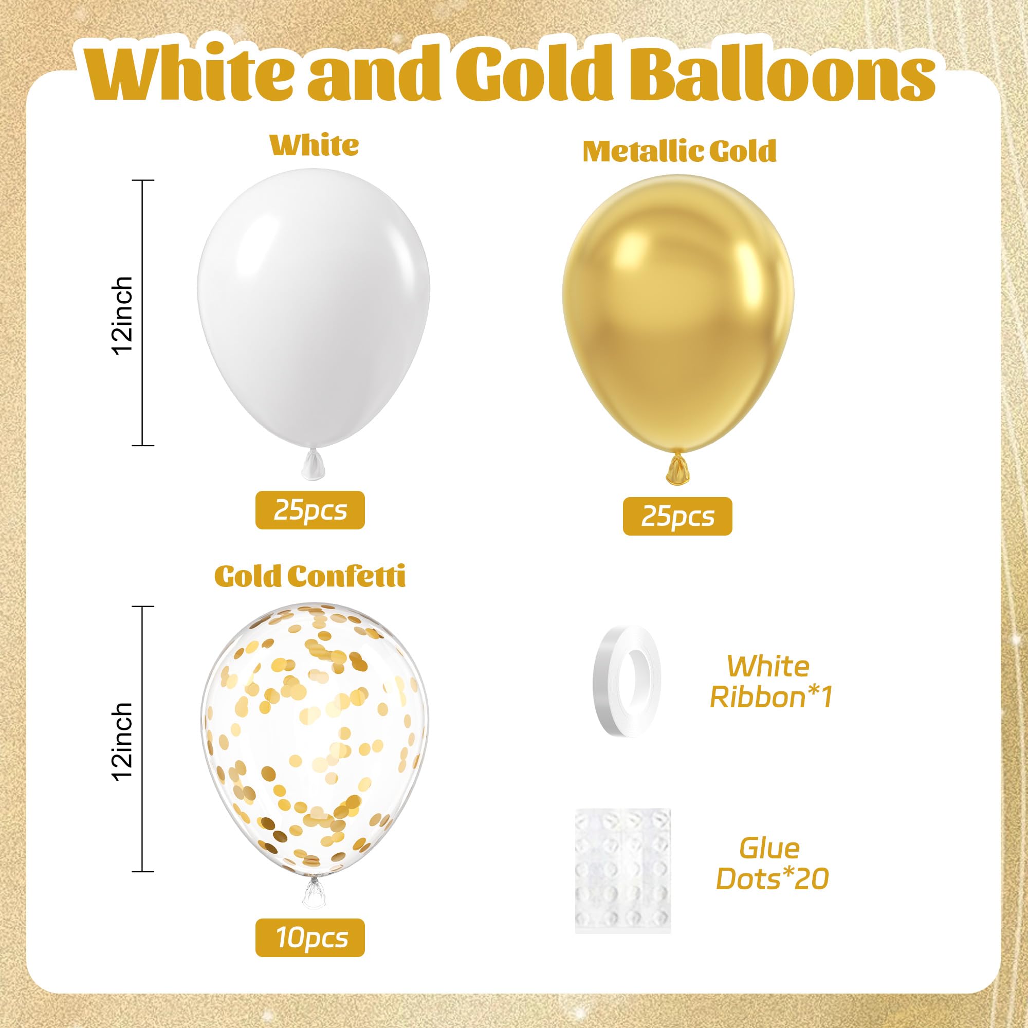 awenztech 60pcs Gold & White Balloons Set – 12in Confetti & Metallic Balloons for Weddings, Graduation, Birthdays