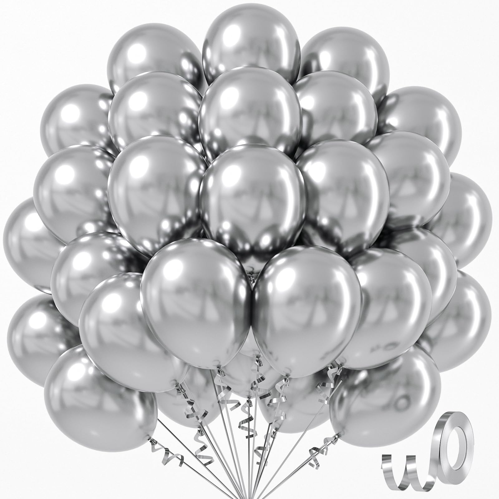 Awenztech Metallic Silver Balloons 12 Inch – 50-Pack Chrome Latex Party Balloons