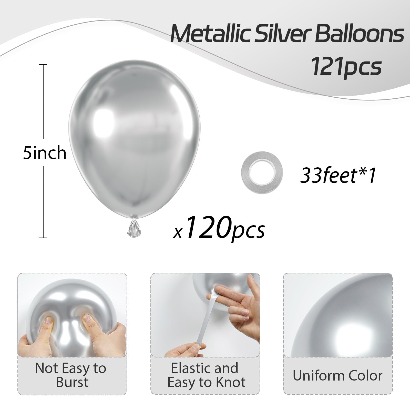 Awenztech 120pcs 5in Metallic Silver Latex Balloons – Premium Party Decor