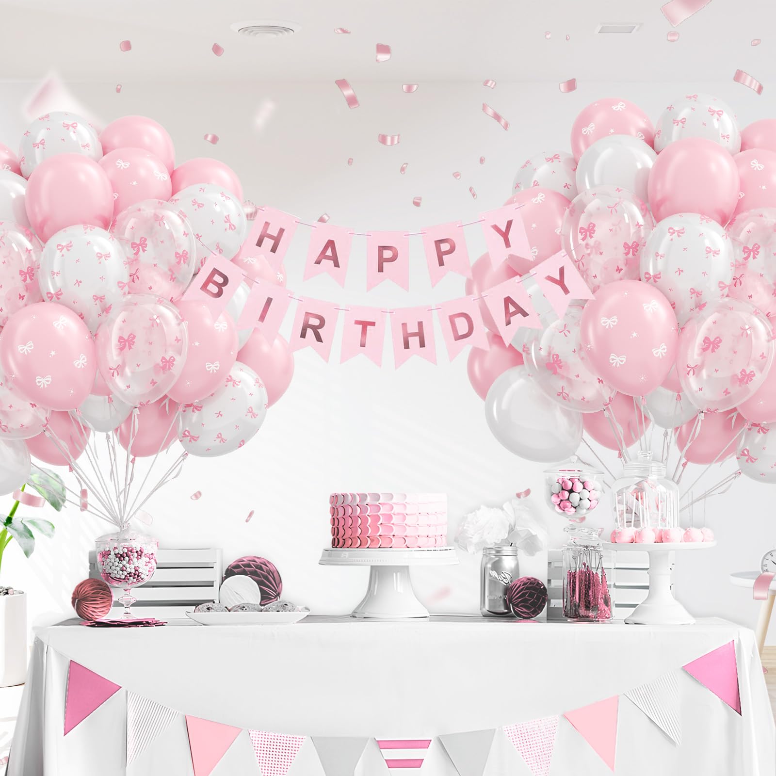 Awenztech 60pc Pink Bow Balloons 12in Set – Pink White Clear Coquette Wedding & Party Decor