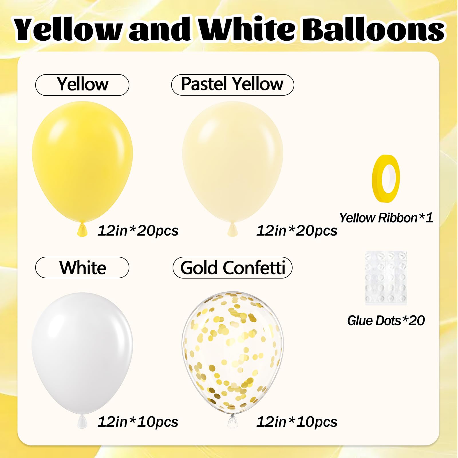 awenztech 60pcs Yellow & White Balloons with Pastel Gold Confetti – 12in Bee Lemon Wedding & Party Decorations