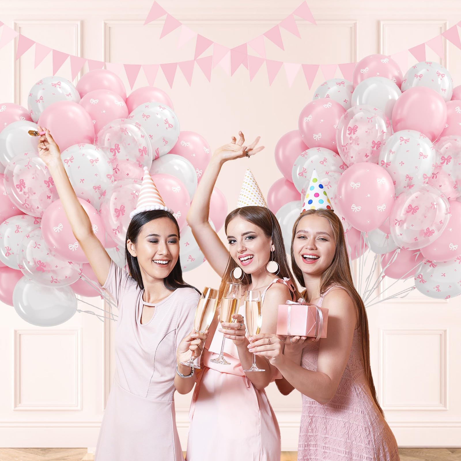 Awenztech 60pc Pink Bow Balloons 12in Set – Pink White Clear Coquette Wedding & Party Decor