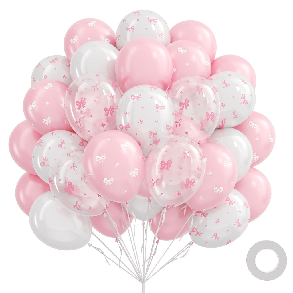 Awenztech 60pc Pink Bow Balloons 12in Set – Pink White Clear Coquette Wedding & Party Decor