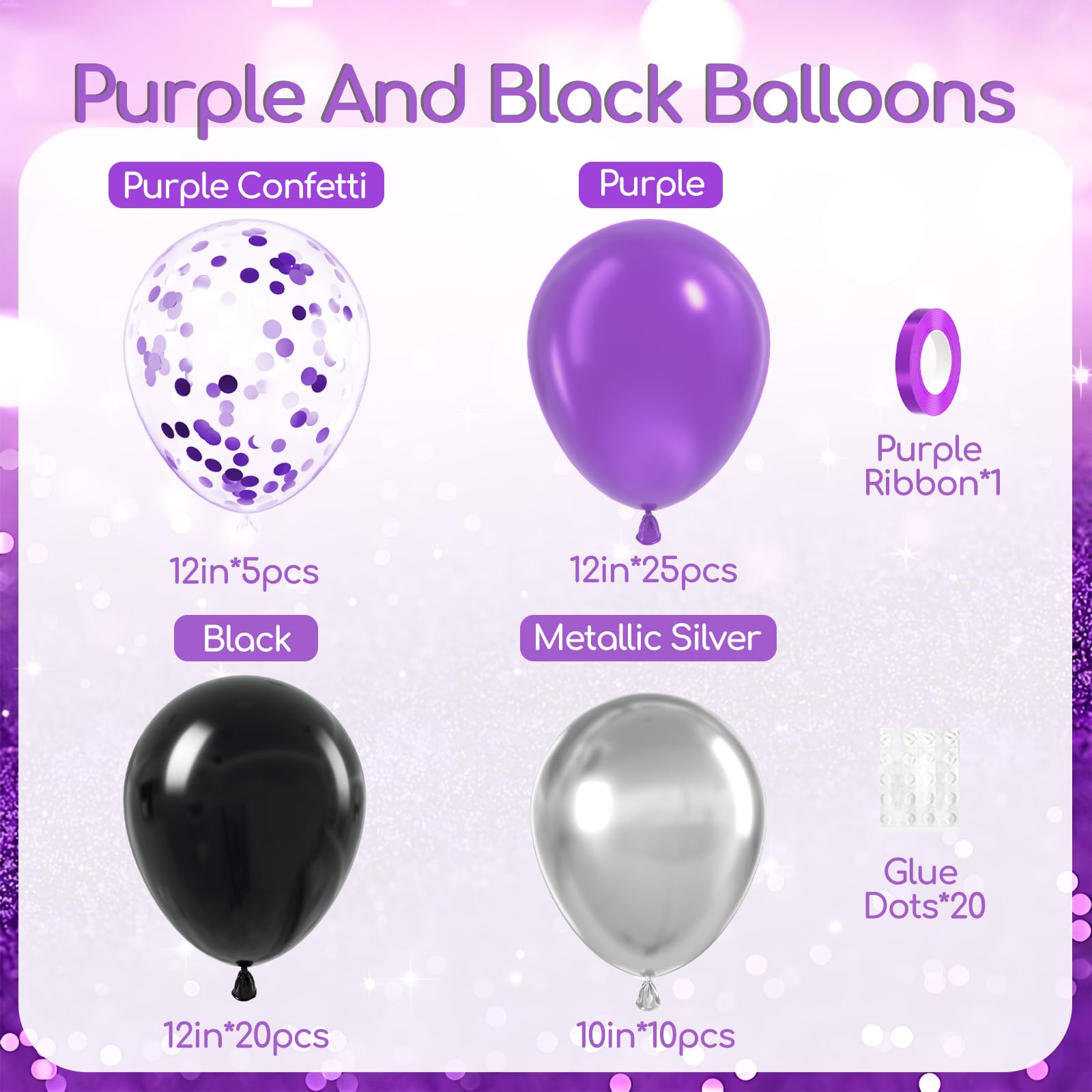 awenztech 60pcs Purple & Black Balloons Set | 12in Confetti & Metallic Silver for Bridal Showers, Graduation, Birthday Parties