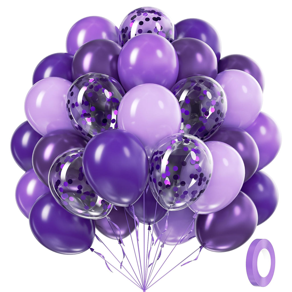 awenztech 60pcs Purple Balloons Kit – 12in Confetti, Metallic Purple, Lavender & Dark Purple for Parties