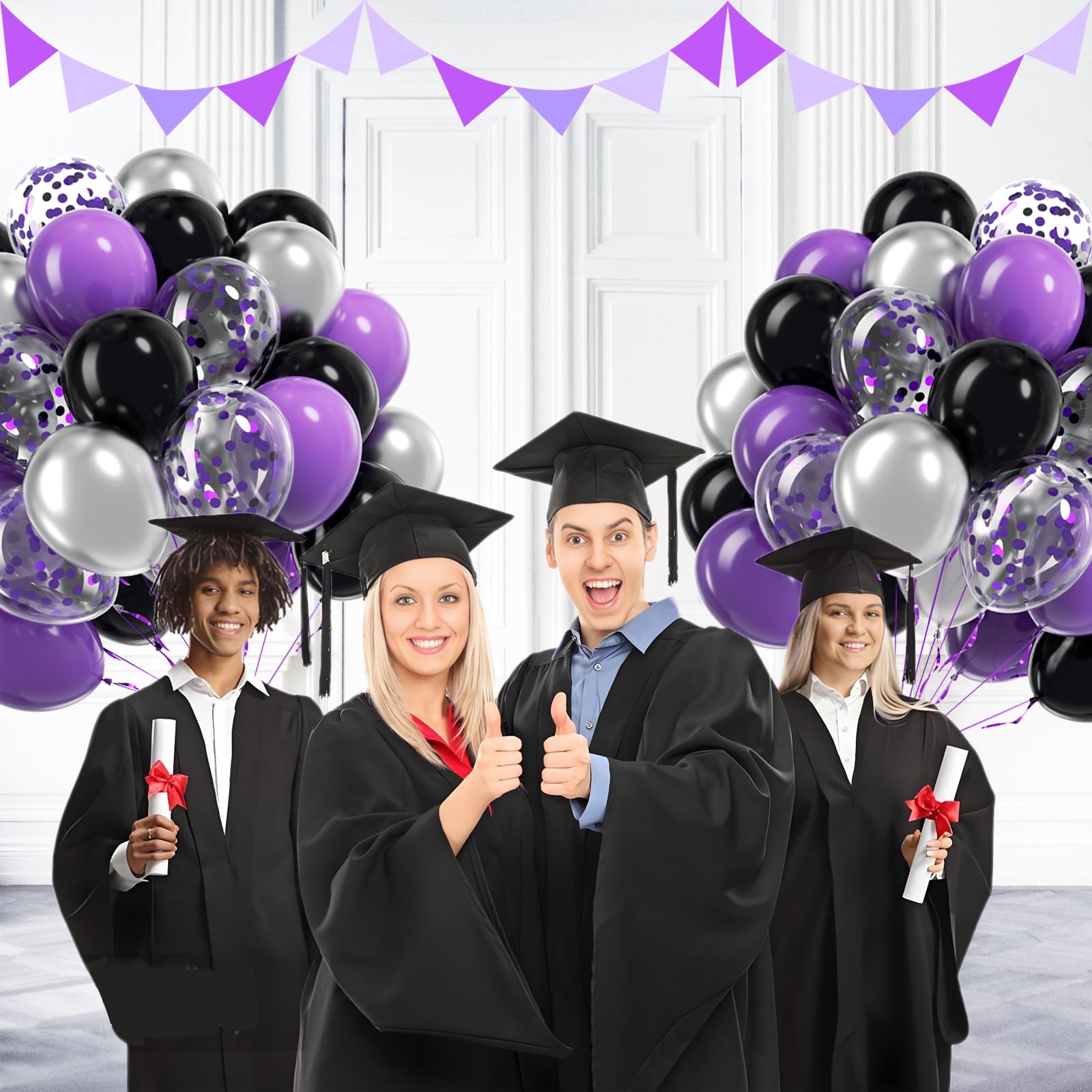 awenztech 60pcs Purple & Black Balloons Set | 12in Confetti & Metallic Silver for Bridal Showers, Graduation, Birthday Parties