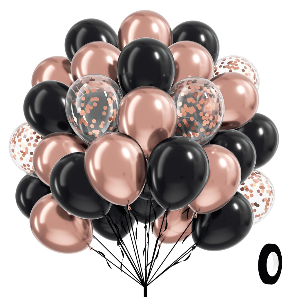 Awenztech 60pcs Rose Gold & Black Balloons Set with Confetti – 12in Party Decor for Weddings, Graduations & More