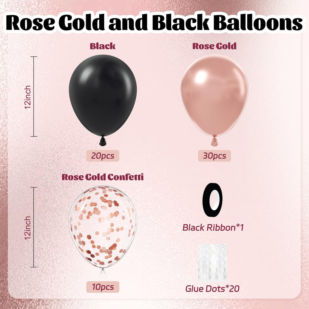 Awenztech 60pcs Rose Gold & Black Balloons Set with Confetti – 12in Party Decor for Weddings, Graduations & More
