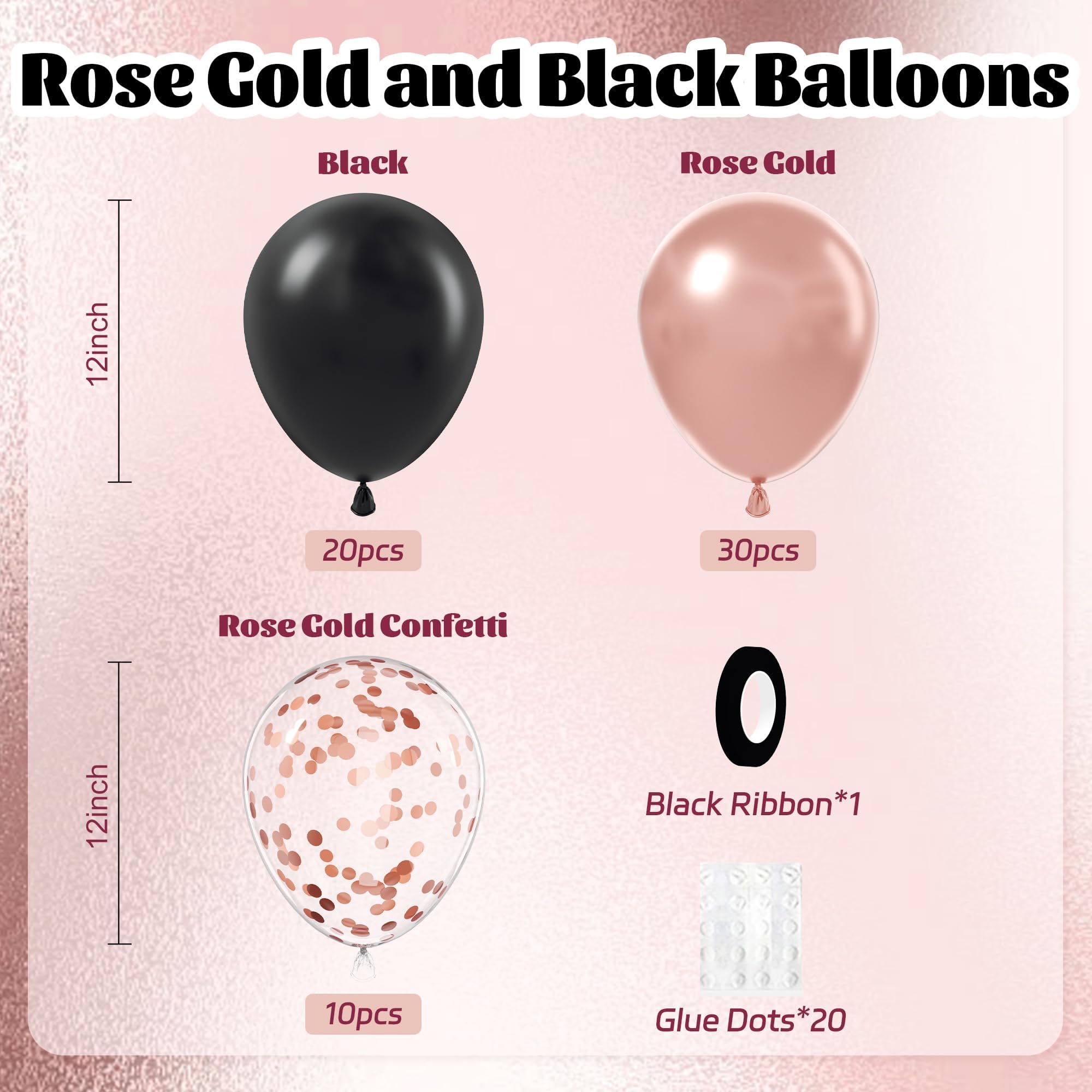 Awenztech 60pcs Rose Gold & Black Balloons Set with Confetti – 12in Party Decor for Weddings, Graduations & More