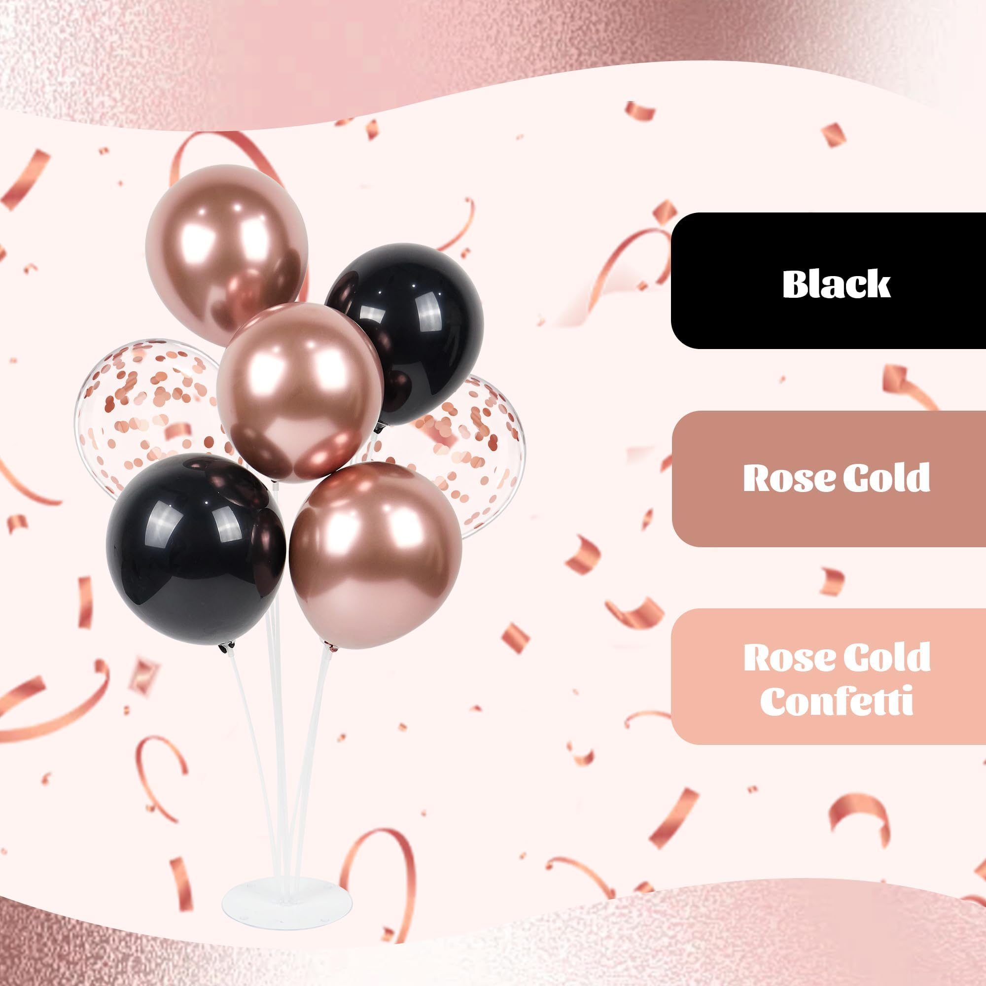 Awenztech 60pcs Rose Gold & Black Balloons Set with Confetti – 12in Party Decor for Weddings, Graduations & More