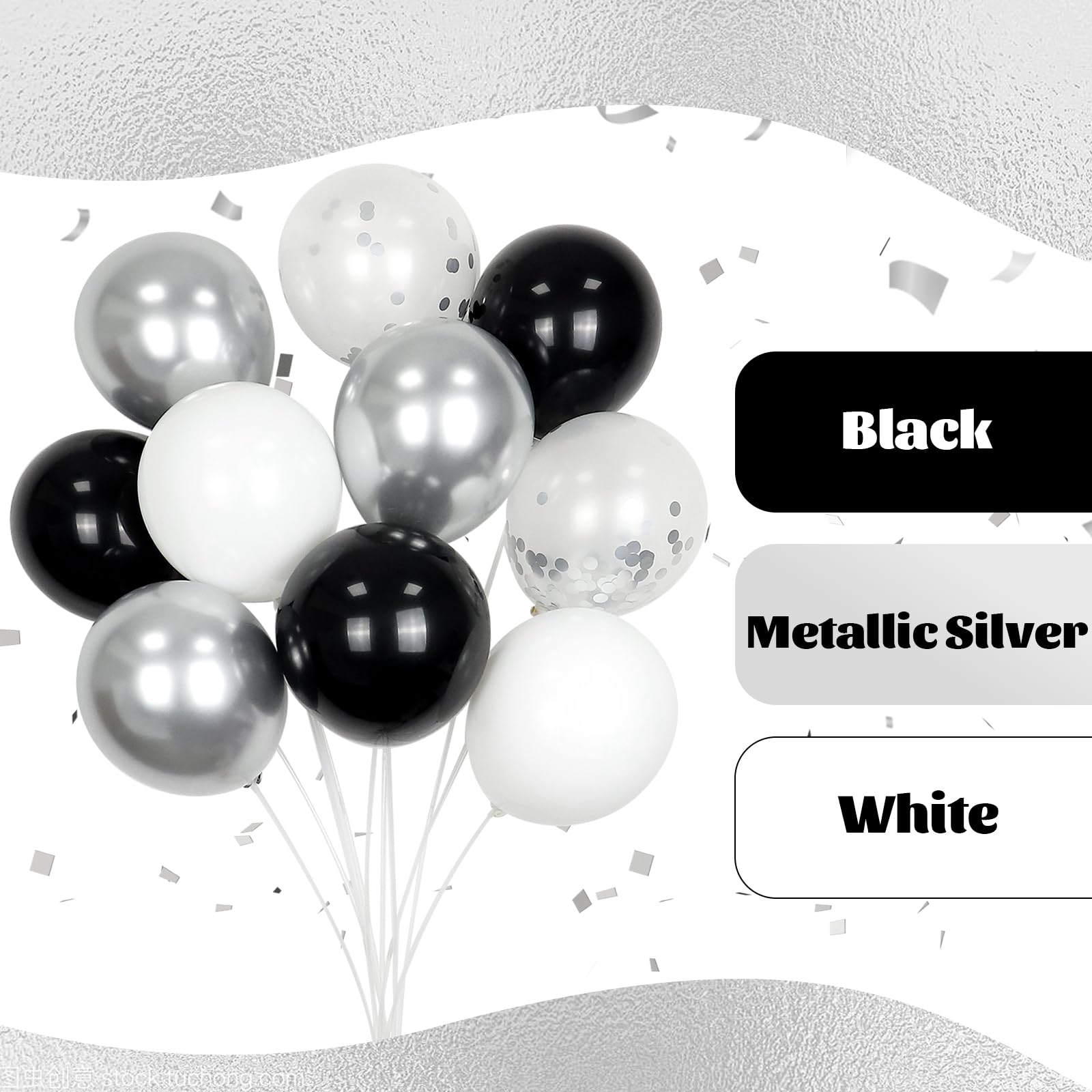 Awenztech 60pcs Black & Silver Balloons 12in — White, Black & Metallic Confetti for Baby Shower & Party Decor