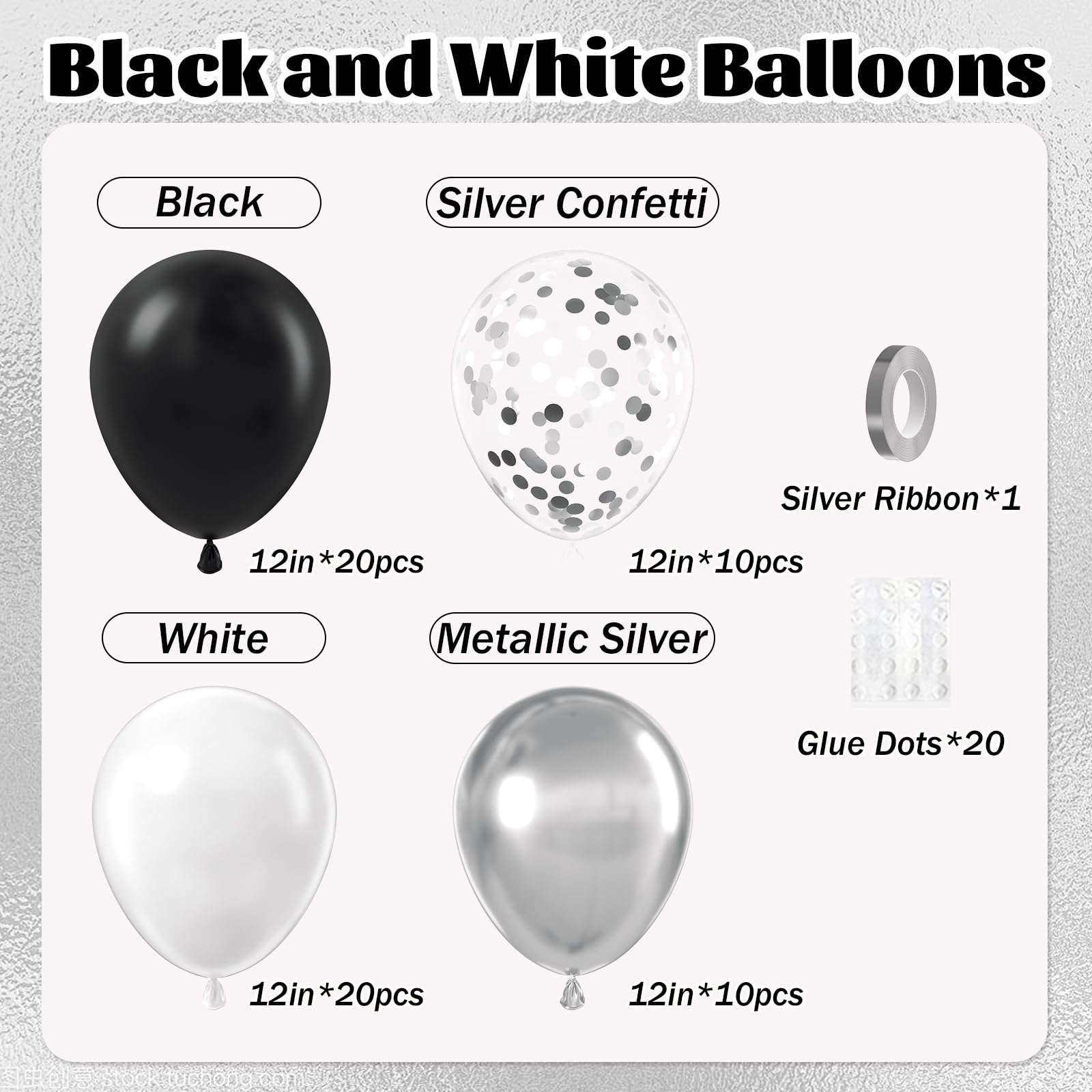 Awenztech 60pcs Black & Silver Balloons 12in — White, Black & Metallic Confetti for Baby Shower & Party Decor