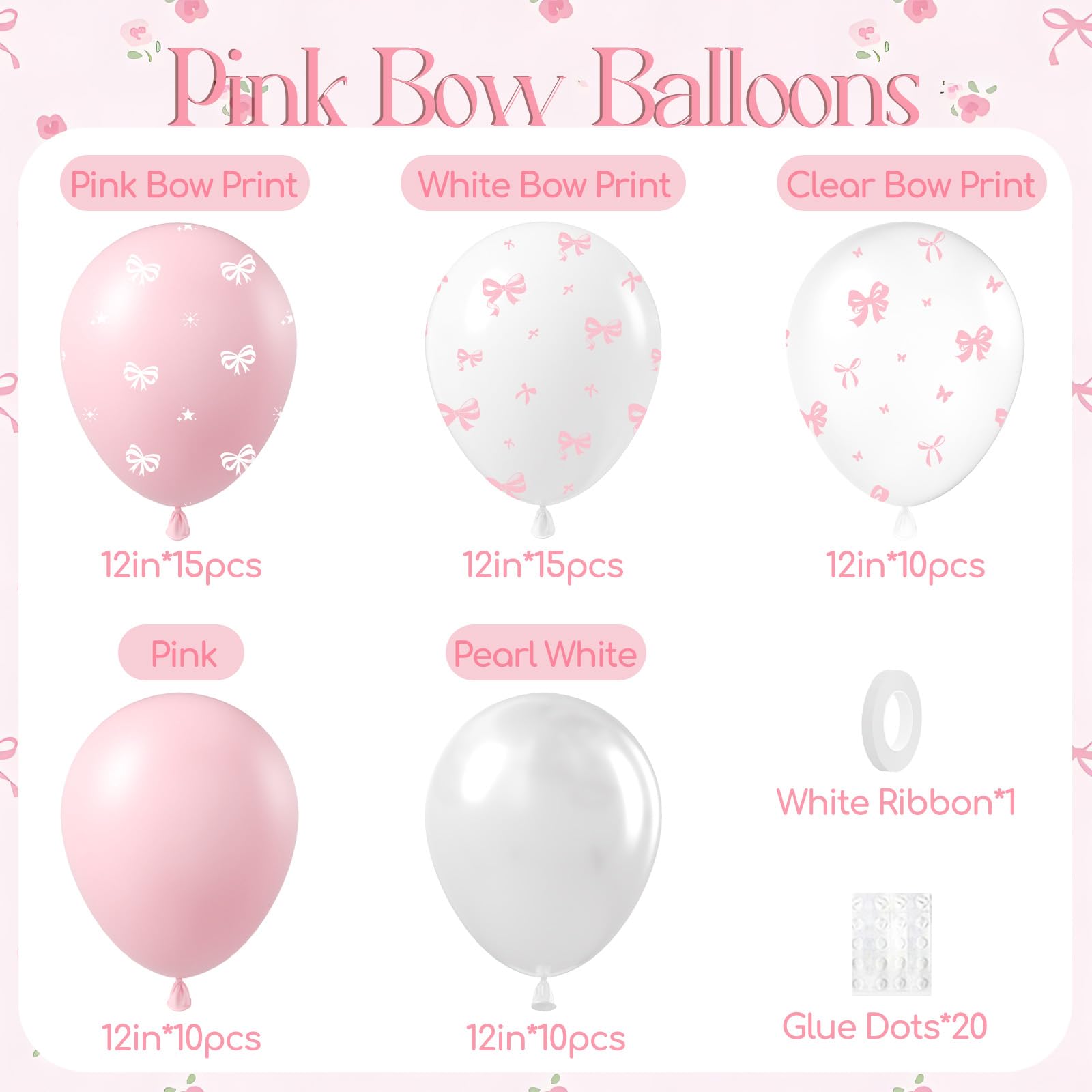 Awenztech 60pc Pink Bow Balloons 12in Set – Pink White Clear Coquette Wedding & Party Decor