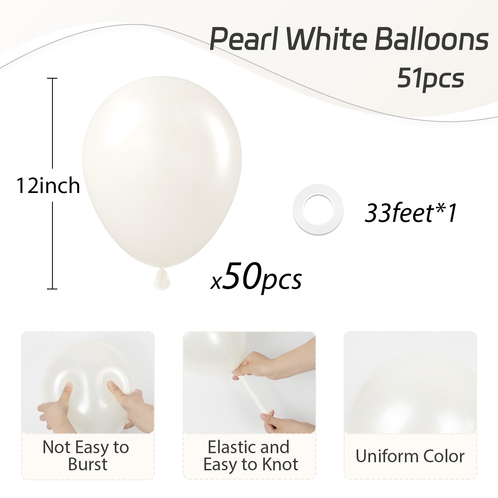 Awenztech Pearl White Balloons 12in – 50-Pack for Weddings, Baby Showers & Parties