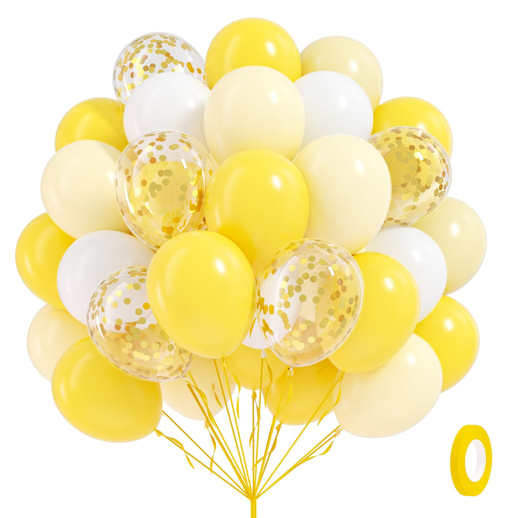 awenztech 60pcs Yellow & White Balloons with Pastel Gold Confetti – 12in Bee Lemon Wedding & Party Decorations